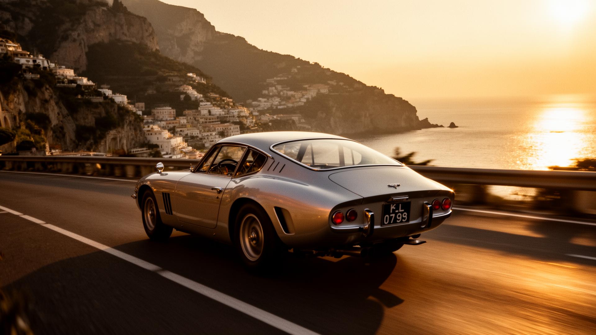 A vintage silver sports car at golden hour on the Amalfi coast